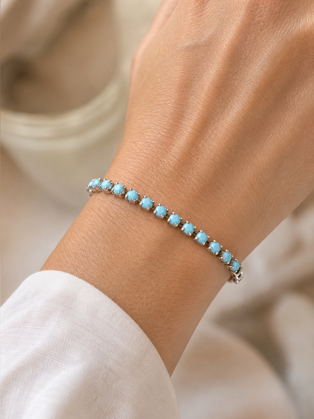 Opaque Turquoise Blue Crystal Tennis Bracelet – Silver Rhodium